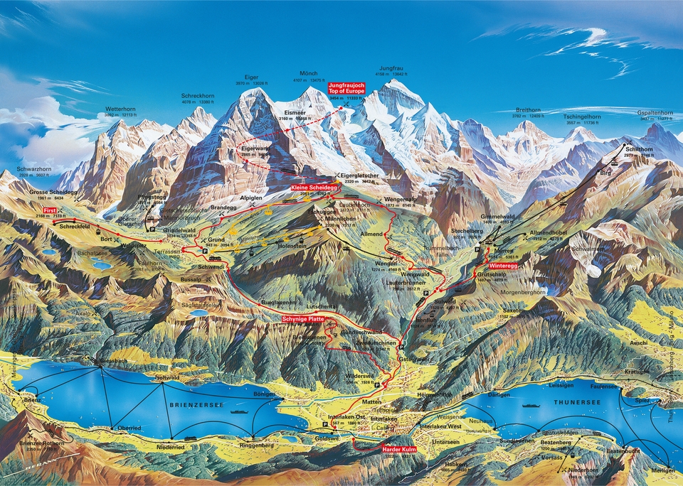 Jungfrau Railways routes in red